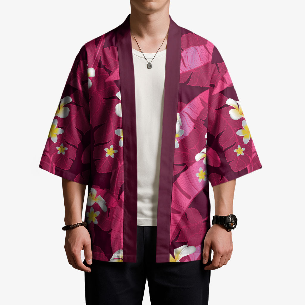 Pink Banana Leaf Hawaii Kimono Lau Maia Plumeria Tropical Summer Vibes LT14 - Polynesian Pride