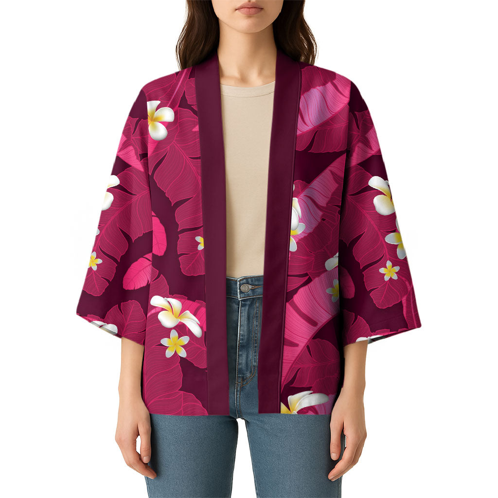 Pink Banana Leaf Hawaii Kimono Lau Maia Plumeria Tropical Summer Vibes LT14 - Polynesian Pride