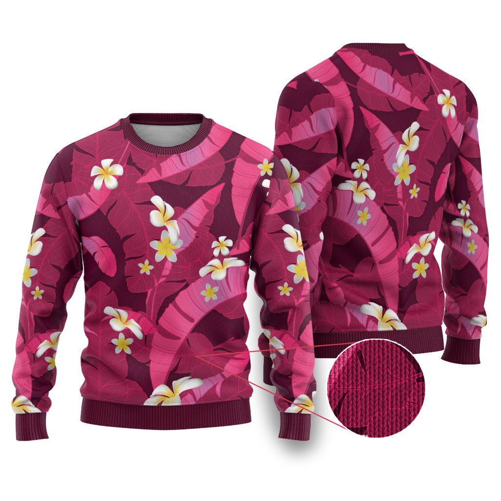 Pink Banana Leaf Hawaii Ugly Christmas Sweater Lau Maia Plumeria Tropical Summer Vibes