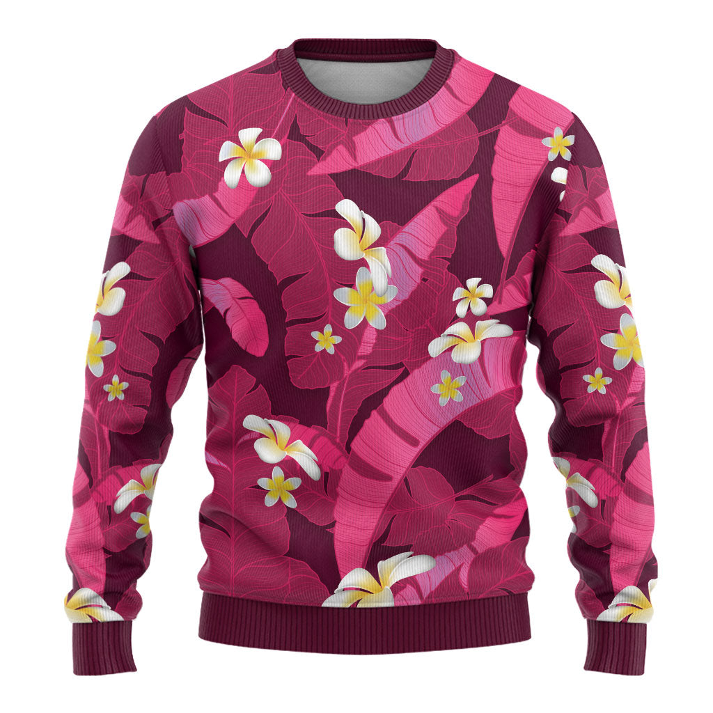 Pink Banana Leaf Hawaii Ugly Christmas Sweater Lau Maia Plumeria Tropical Summer Vibes