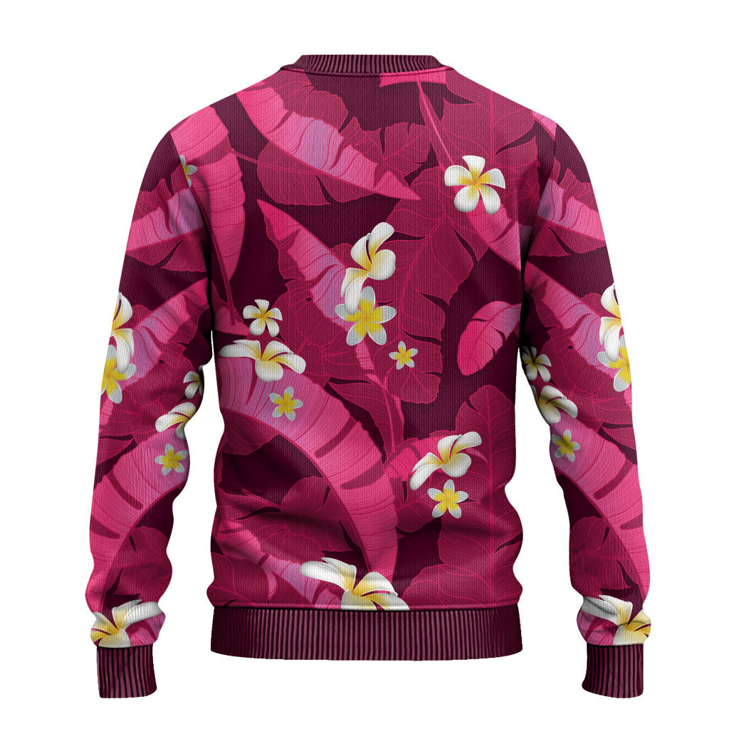 Pink Banana Leaf Hawaii Ugly Christmas Sweater Lau Maia Plumeria Tropical Summer Vibes