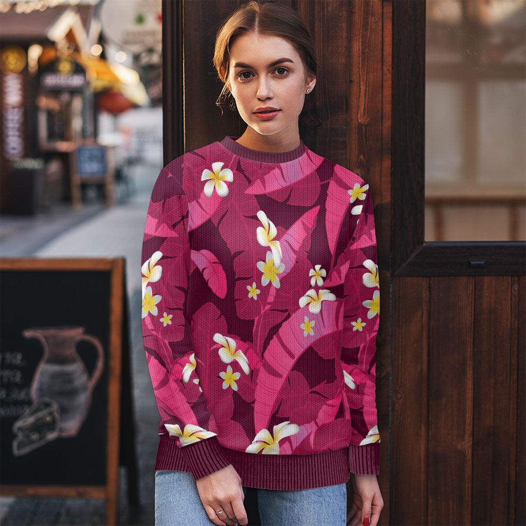 Pink Banana Leaf Hawaii Ugly Christmas Sweater Lau Maia Plumeria Tropical Summer Vibes
