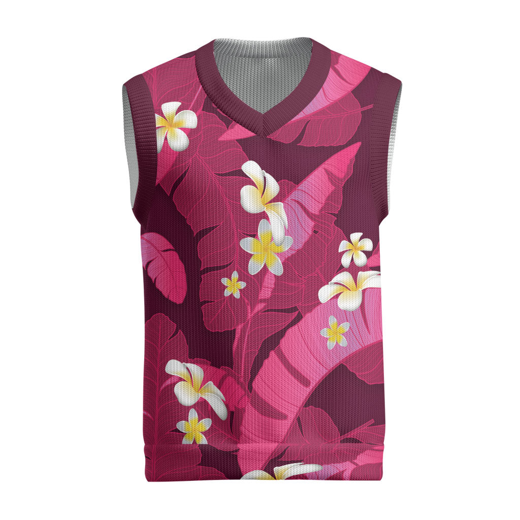 Pink Banana Leaf Hawaii Christmas Knitted V-Neck Vest Lau Maia Plumeria Tropical Summer Vibes