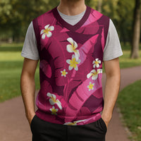 Pink Banana Leaf Hawaii Christmas Knitted V-Neck Vest Lau Maia Plumeria Tropical Summer Vibes