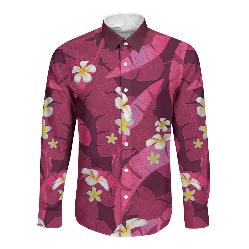 Pink Banana Leaf Hawaii Long Sleeve Button Shirt Lau Maia Plumeria Tropical Summer Vibes LT14 Unisex Pink - Polynesian Pride