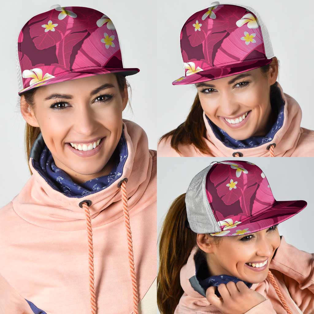 Pink Banana Leaf Hawaii Mesh Trucker Cap Lau Maia Plumeria Tropical Summer Vibes LT14 - Polynesian Pride