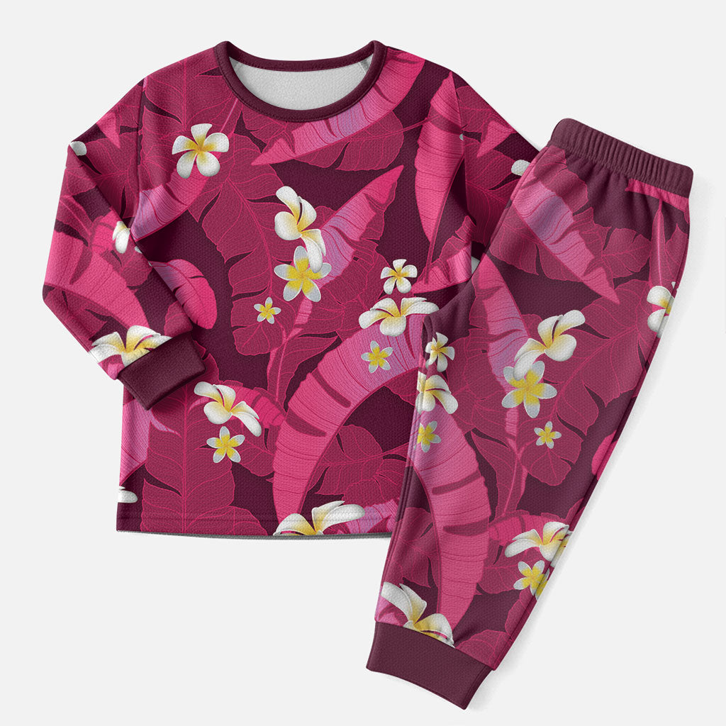 Pink Banana Leaf Hawaii Christmas Pajama Set Lau Maia Plumeria Tropical Summer Vibes
