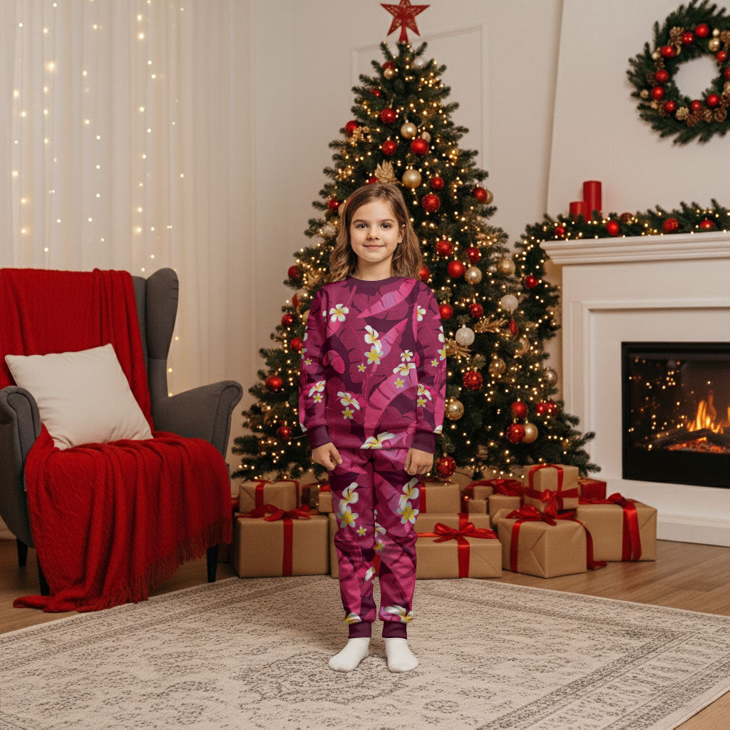 Pink Banana Leaf Hawaii Christmas Pajama Set Lau Maia Plumeria Tropical Summer Vibes