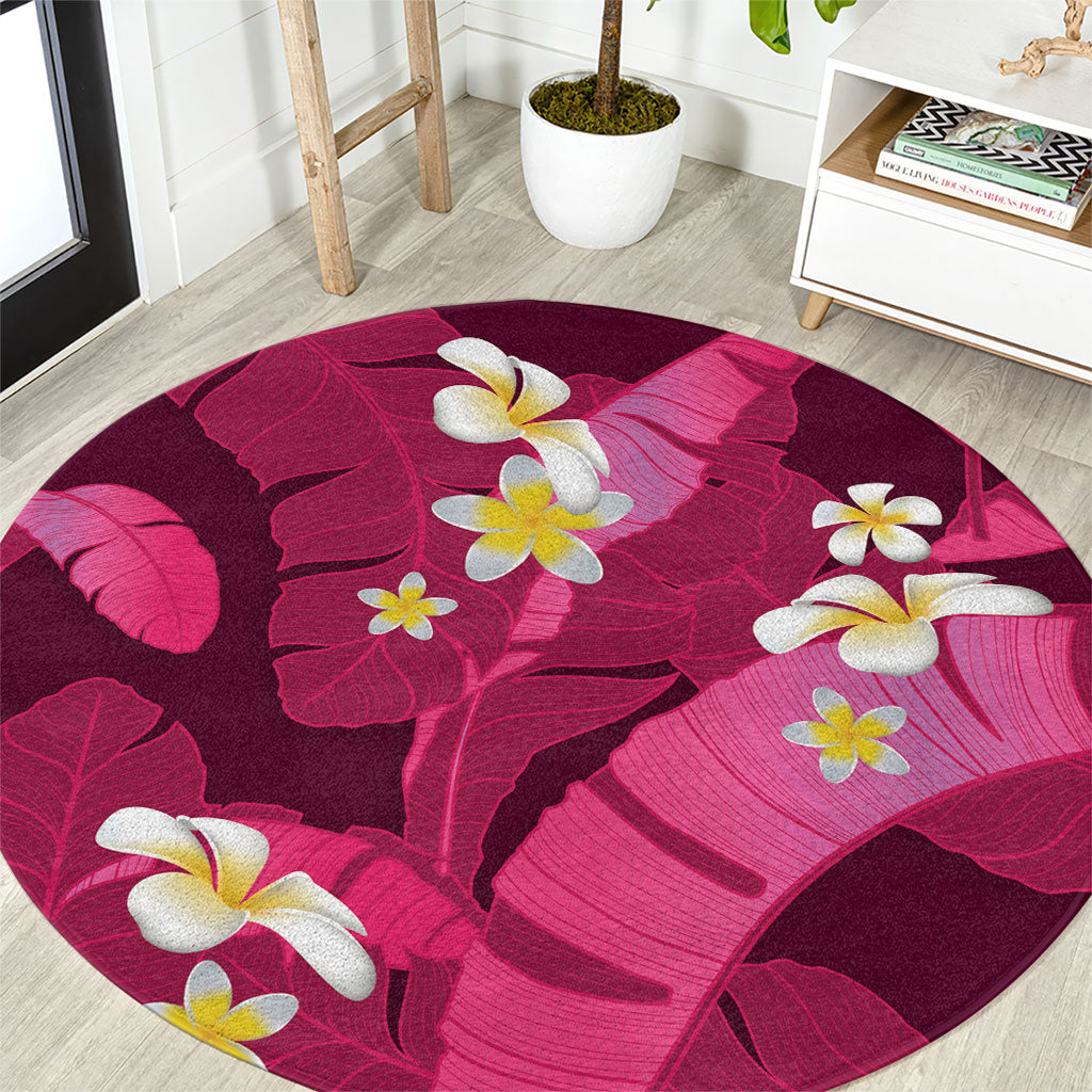 Pink Banana Leaf Hawaii Round Carpet Lau Maia Plumeria Tropical Summer Vibes LT14 Pink - Polynesian Pride