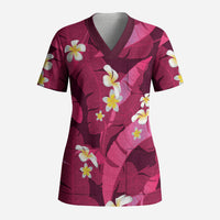 Pink Banana Leaf Hawaii Scrub Top Lau Maia Plumeria Tropical Summer Vibes LT14 Adult Pink - Polynesian Pride