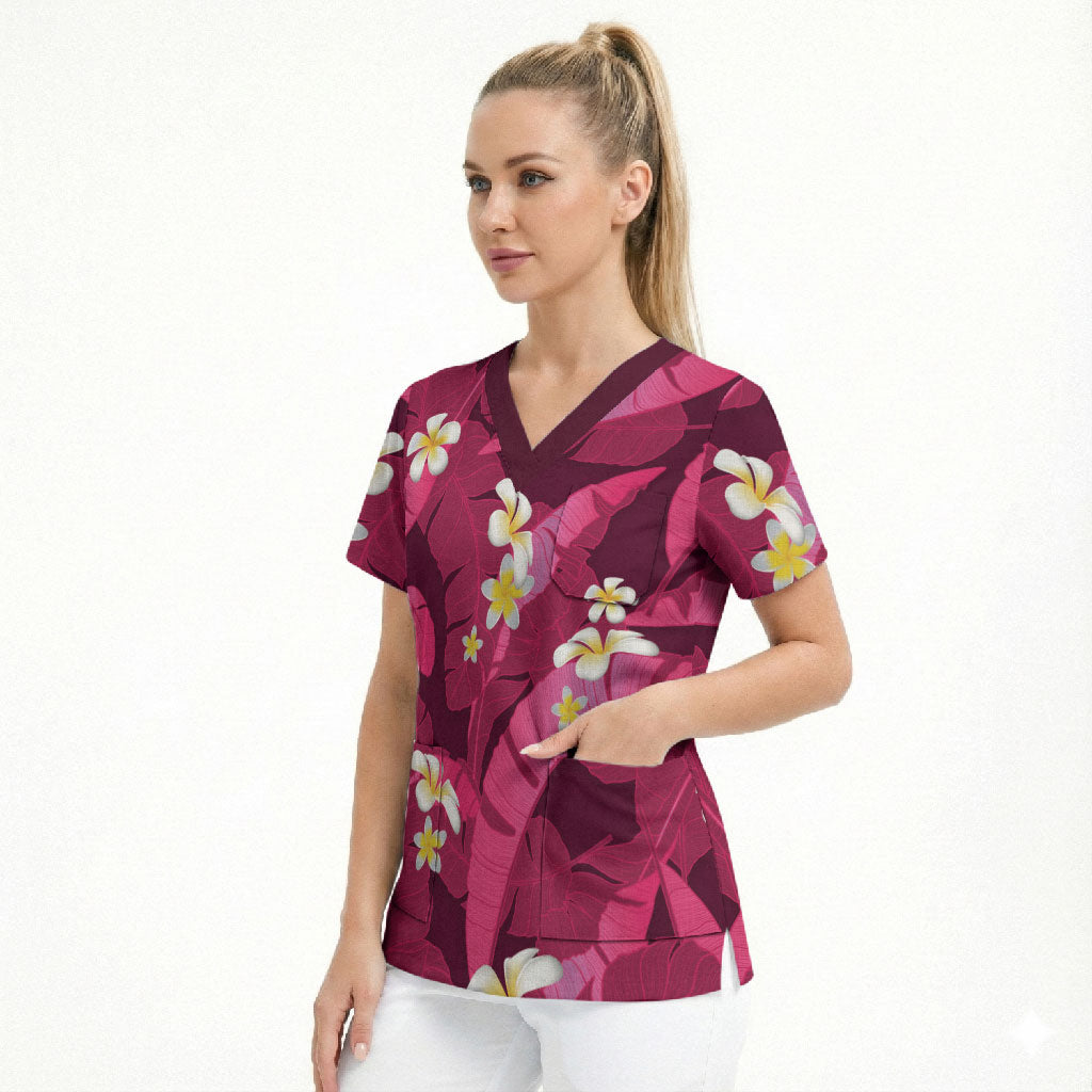 Pink Banana Leaf Hawaii Scrub Top Lau Maia Plumeria Tropical Summer Vibes LT14 - Polynesian Pride