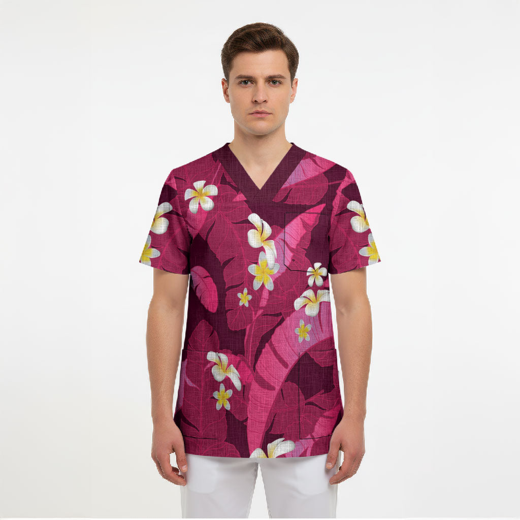 Pink Banana Leaf Hawaii Scrub Top Lau Maia Plumeria Tropical Summer Vibes LT14 - Polynesian Pride