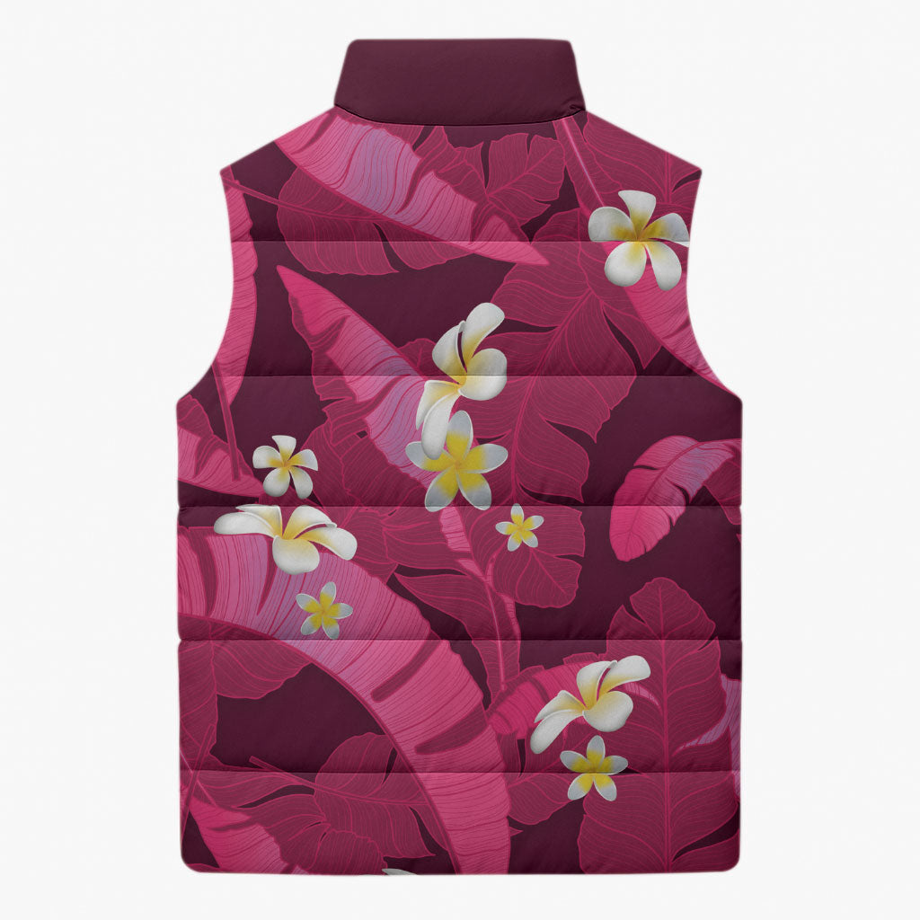 Pink Banana Leaf Hawaii Sleeveless Puffer Jacket Lau Maia Plumeria Tropical Summer Vibes LT14 - Polynesian Pride