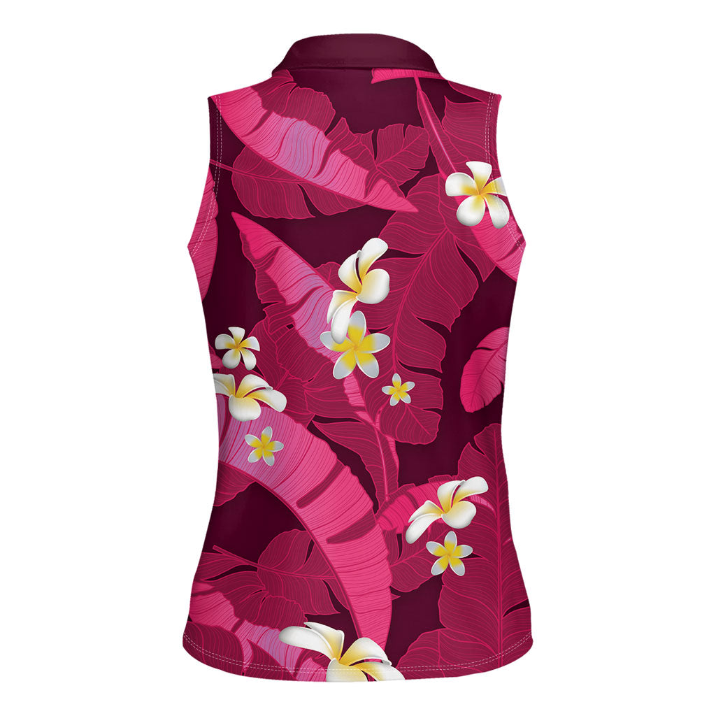 Pink Banana Leaf Hawaii Women Sleeveless Polo Shirt Lau Maia Plumeria Tropical Summer Vibes LT14 - Polynesian Pride
