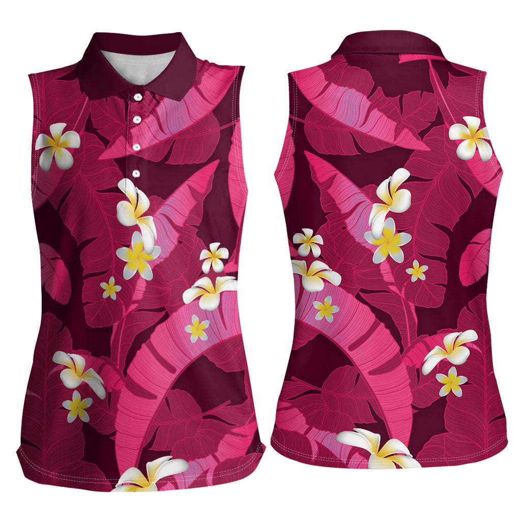 Pink Banana Leaf Hawaii Women Sleeveless Polo Shirt Lau Maia Plumeria Tropical Summer Vibes LT14 - Polynesian Pride