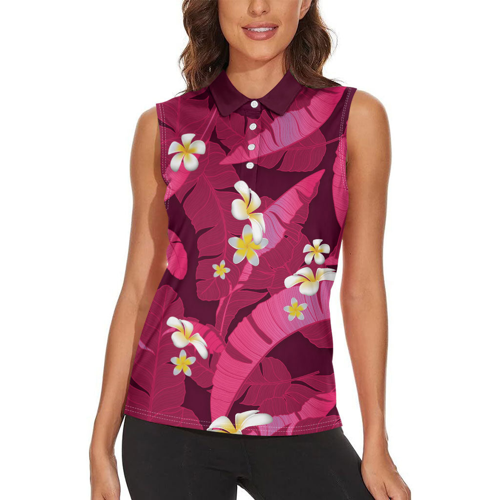 Pink Banana Leaf Hawaii Women Sleeveless Polo Shirt Lau Maia Plumeria Tropical Summer Vibes LT14 - Polynesian Pride