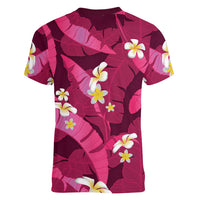 Pink Banana Leaf Hawaii Women V-Neck T-Shirt Lau Maia Plumeria Tropical Summer Vibes LT14 - Polynesian Pride