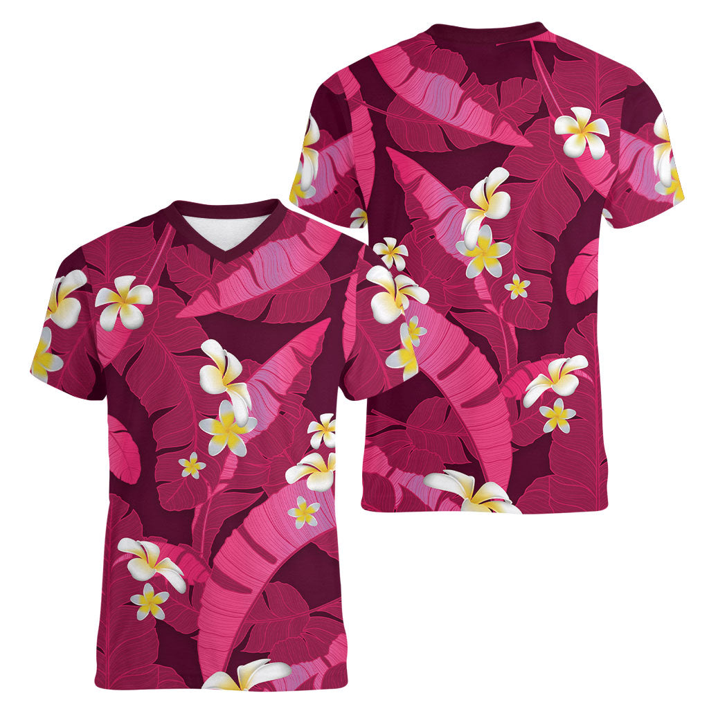 Pink Banana Leaf Hawaii Women V-Neck T-Shirt Lau Maia Plumeria Tropical Summer Vibes LT14 - Polynesian Pride