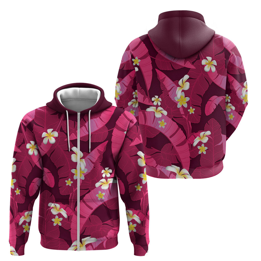 Pink Banana Leaf Hawaii Zip Hoodie Lau Maia Plumeria Tropical Summer Vibes LT14 - Polynesian Pride