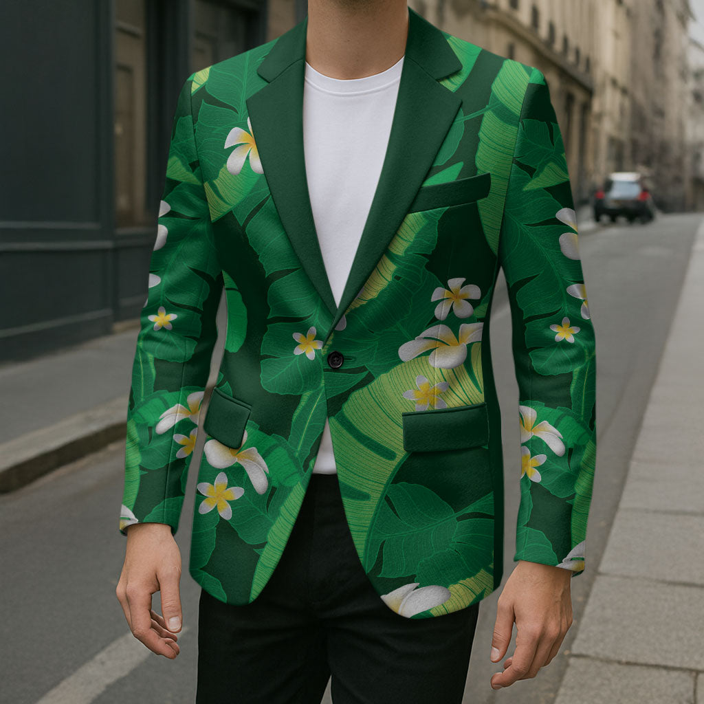 Green Banana Leaf Hawaii Blazer Lau Maia Plumeria Tropical Summer Vibes LT14 - Polynesian Pride