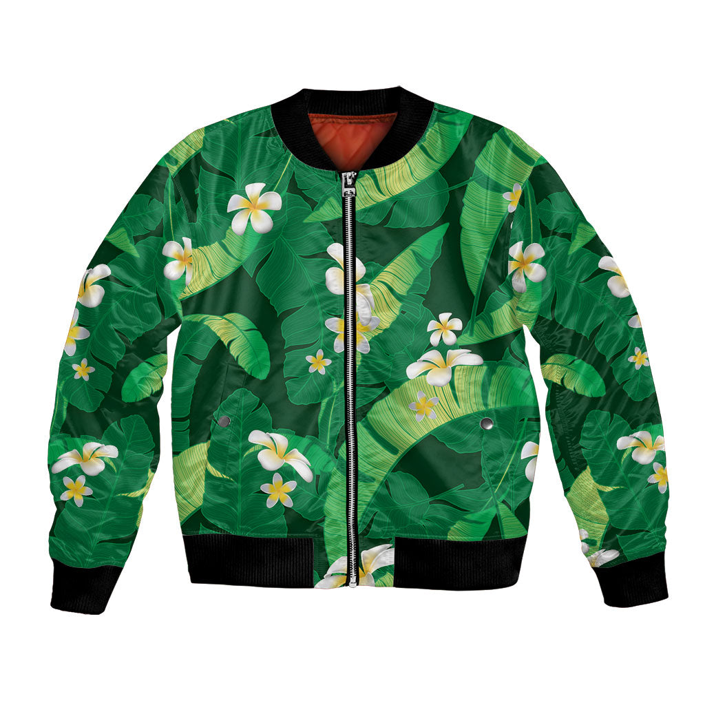 Green Banana Leaf Hawaii Bomber Jacket Lau Maia Plumeria Tropical Summer Vibes LT14 Unisex Green - Polynesian Pride