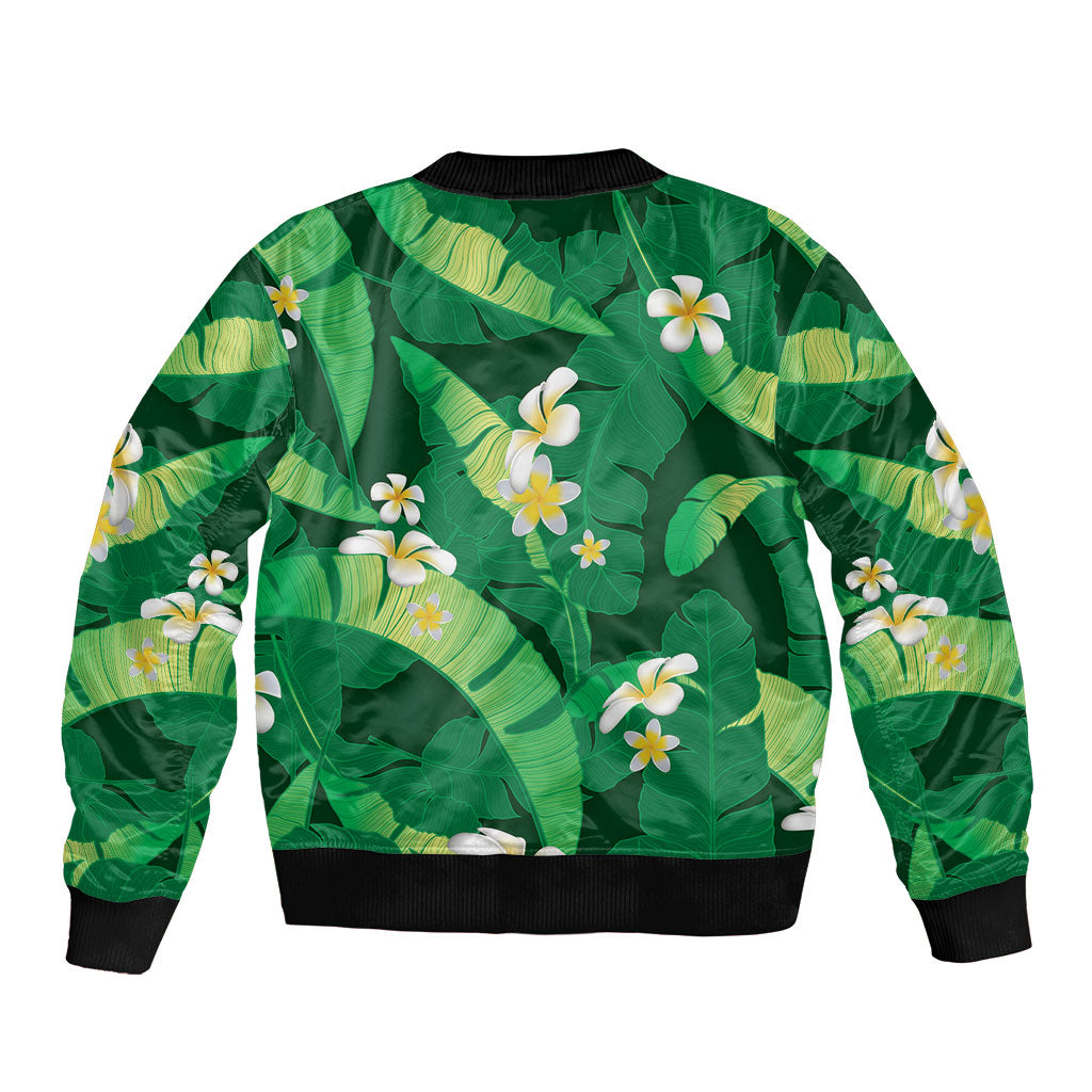 Green Banana Leaf Hawaii Bomber Jacket Lau Maia Plumeria Tropical Summer Vibes LT14 - Polynesian Pride