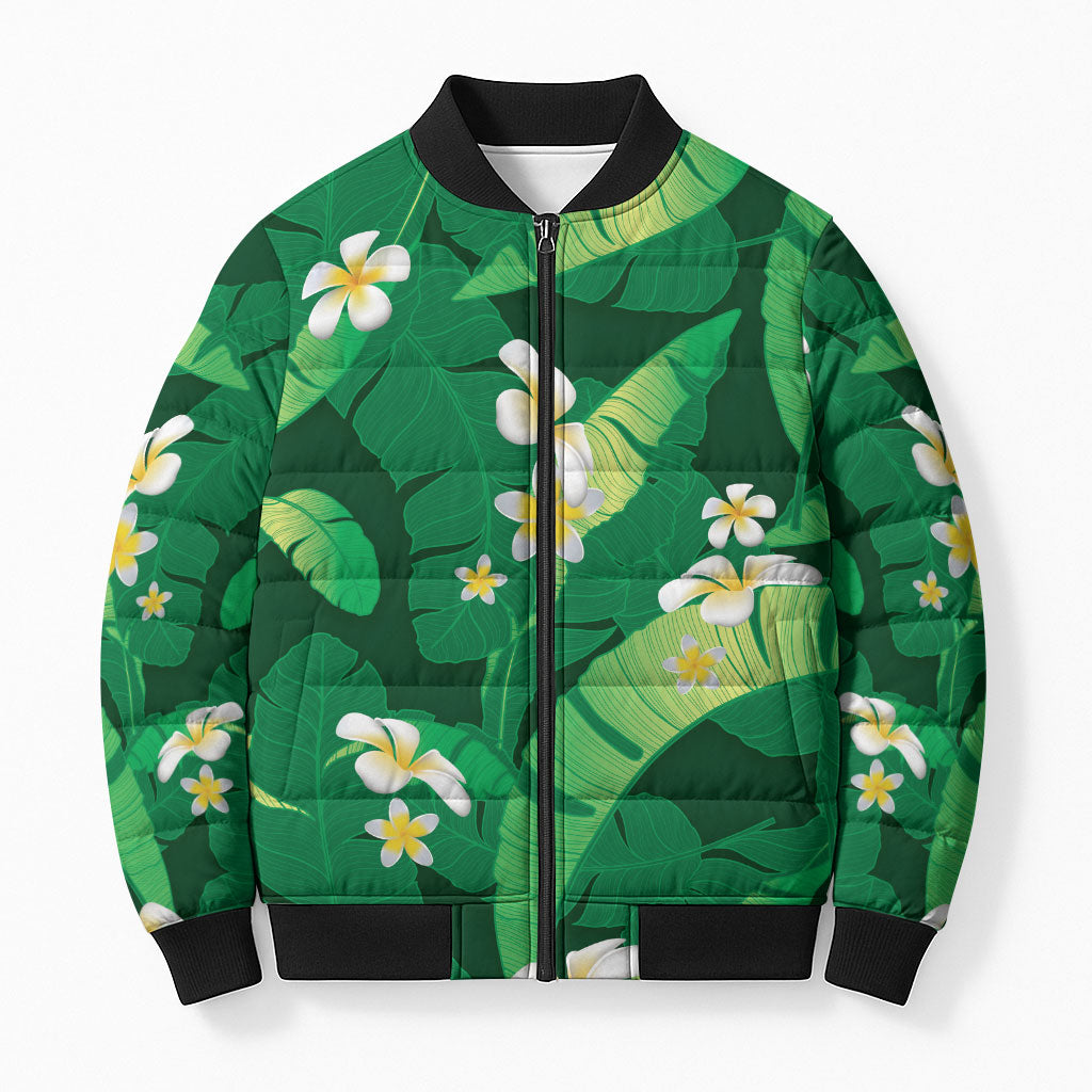 Green Banana Leaf Hawaii Bomber Puffer Jacket Lau Maia Plumeria Tropical Summer Vibes LT14 Unisex Green - Polynesian Pride