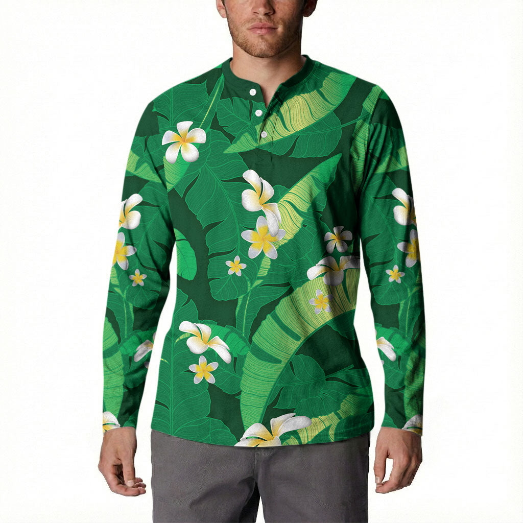 Green Banana Leaf Hawaii Button Sweatshirt Lau Maia Plumeria Tropical Summer Vibes LT14 - Polynesian Pride