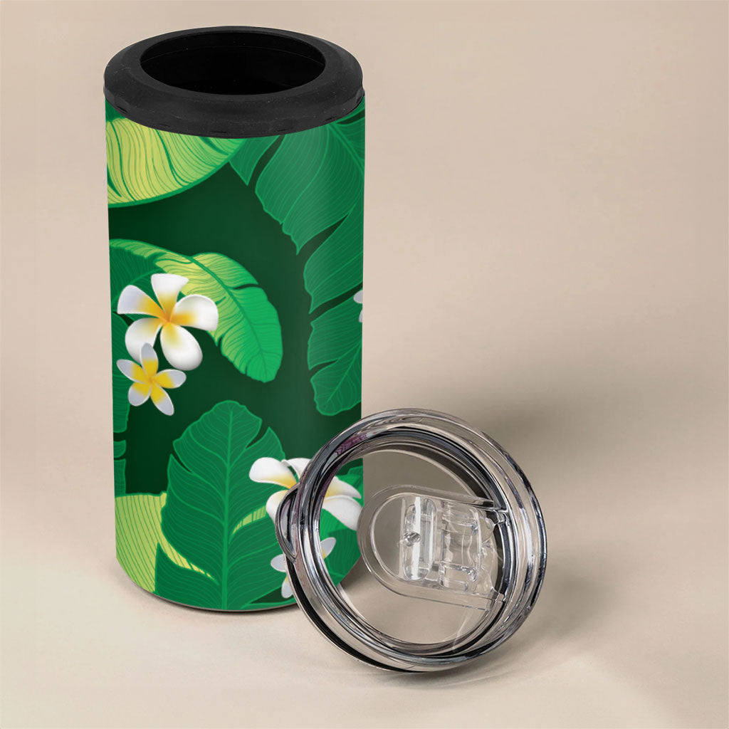 Green Banana Leaf Hawaii 4 in 1 Can Cooler Tumbler Lau Maia Plumeria Tropical Summer Vibes LT14 - Polynesian Pride