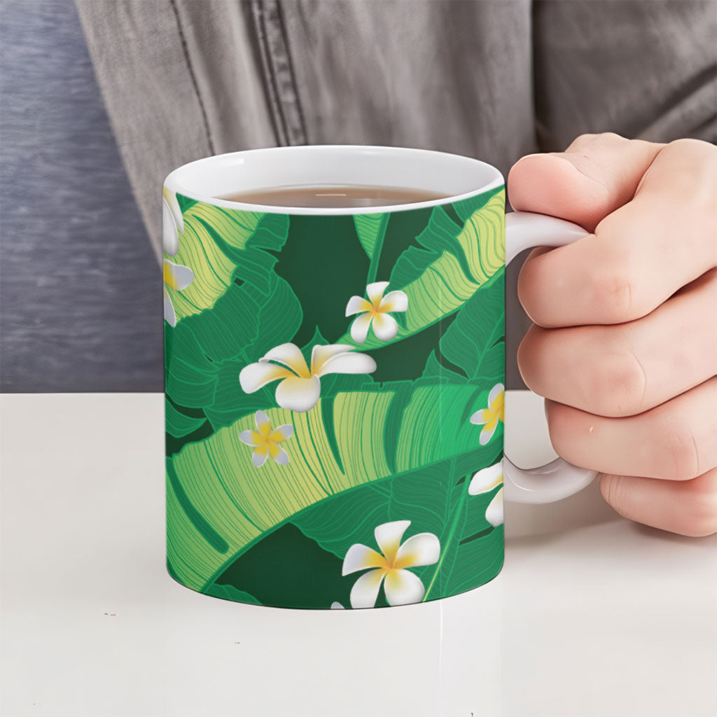 Green Banana Leaf Hawaii Ceramic Mug Lau Maia Plumeria Tropical Summer Vibes LT14 - Polynesian Pride