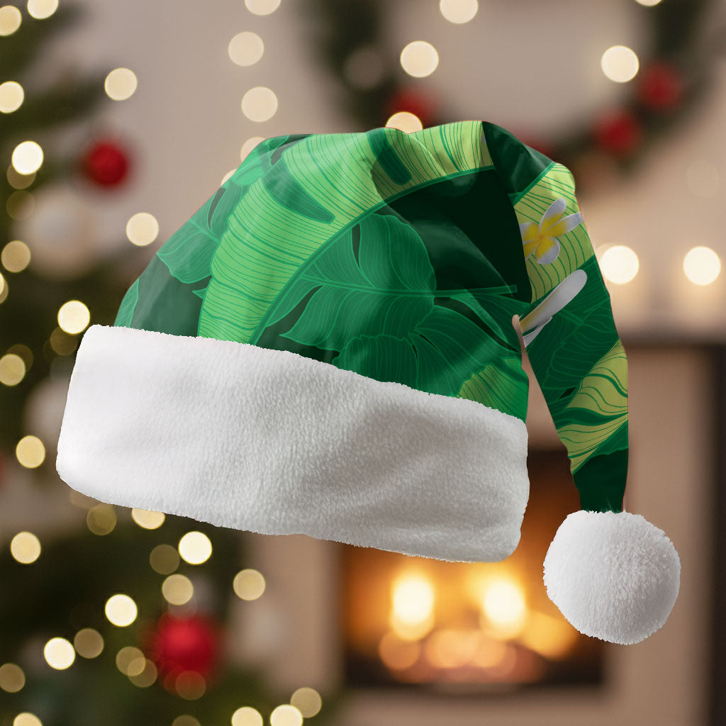 Green Banana Leaf Hawaii Christmas Santa Hat Lau Maia Plumeria Tropical Summer Vibes