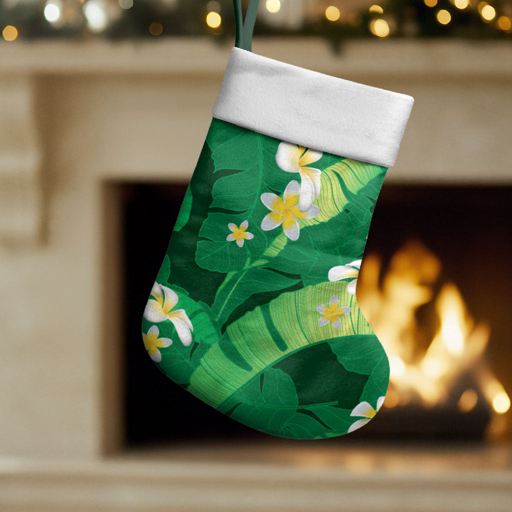 Green Banana Leaf Hawaii Christmas Stocking Lau Maia Plumeria Tropical Summer Vibes