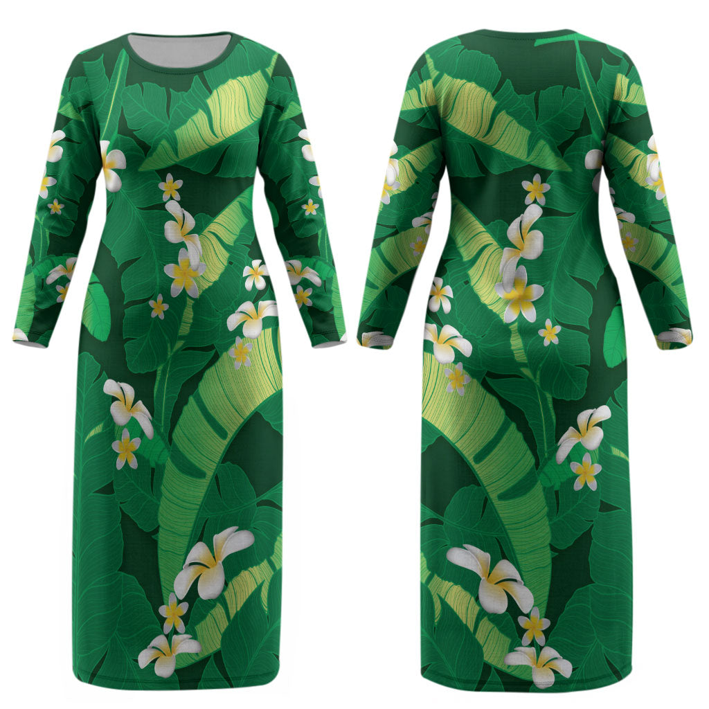 Green Banana Leaf Hawaii Couples Matching Long Sleeve Bodycon Dress and Hawaiian Shirt Lau Maia Plumeria Tropical Summer Vibes LT14 - Polynesian Pride