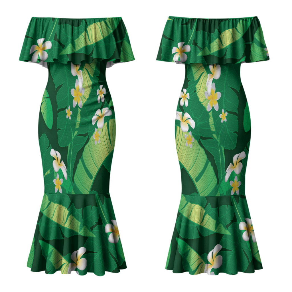 Green Banana Leaf Hawaii Couples Matching Mermaid Dress and Hawaiian Shirt Lau Maia Plumeria Tropical Summer Vibes LT14 - Polynesian Pride