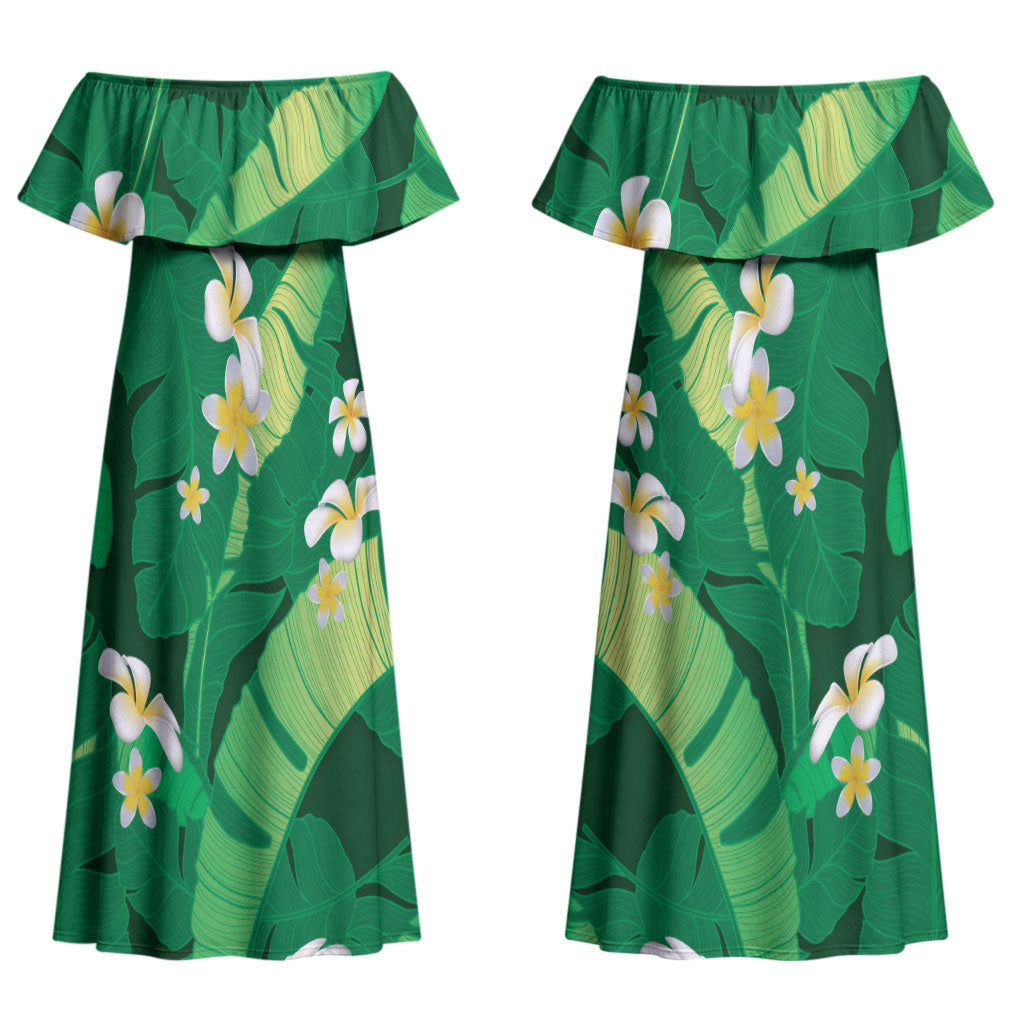Green Banana Leaf Hawaii Couples Matching Off Shoulder Maxi Dress and Hawaiian Shirt Lau Maia Plumeria Tropical Summer Vibes LT14 - Polynesian Pride