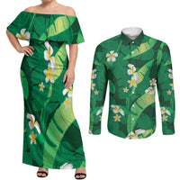 Green Banana Leaf Hawaii Couples Matching Off Shoulder Maxi Dress and Long Sleeve Button Shirt Lau Maia Plumeria Tropical Summer Vibes LT14 Green - Polynesian Pride