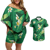 Green Banana Leaf Hawaii Couples Matching Off Shoulder Short Dress and Hawaiian Shirt Lau Maia Plumeria Tropical Summer Vibes LT14 Green - Polynesian Pride