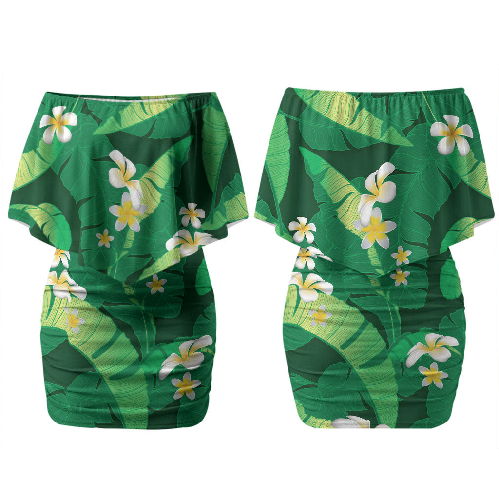 Green Banana Leaf Hawaii Couples Matching Off Shoulder Short Dress and Hawaiian Shirt Lau Maia Plumeria Tropical Summer Vibes LT14 - Polynesian Pride