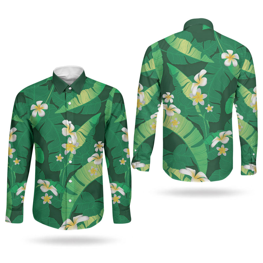 Green Banana Leaf Hawaii Couples Matching Off The Shoulder Long Sleeve Dress and Long Sleeve Button Shirt Lau Maia Plumeria Tropical Summer Vibes LT14 - Polynesian Pride
