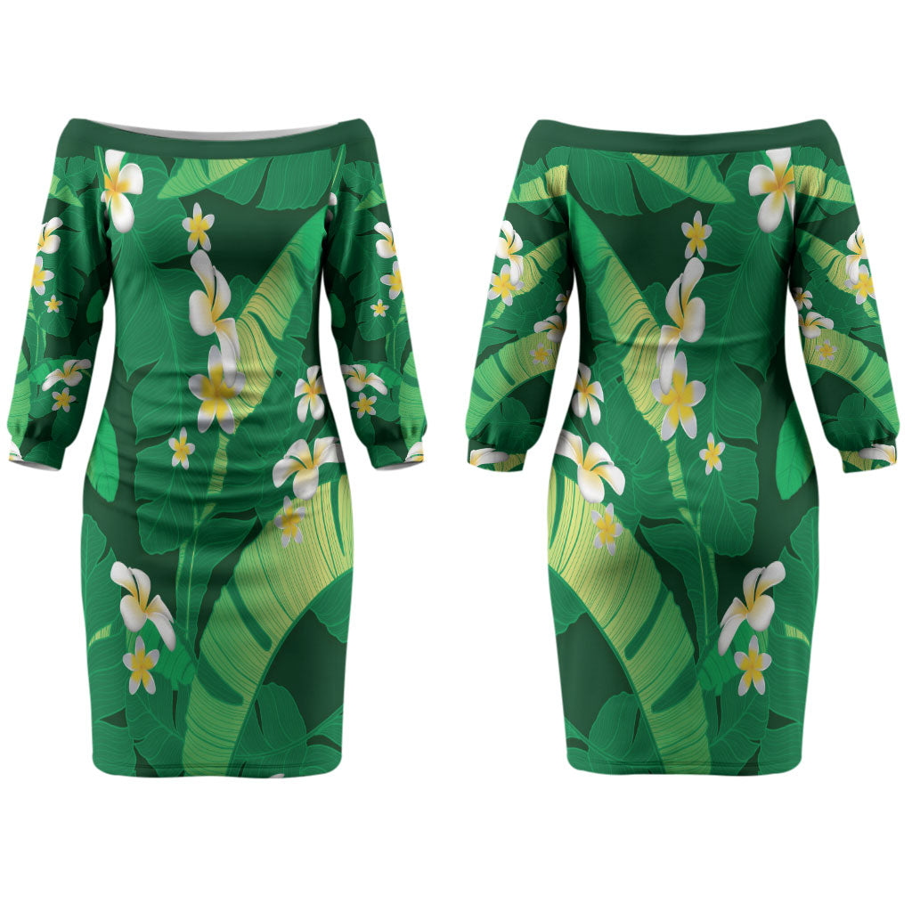 Green Banana Leaf Hawaii Couples Matching Off The Shoulder Long Sleeve Dress and Long Sleeve Button Shirt Lau Maia Plumeria Tropical Summer Vibes LT14 - Polynesian Pride