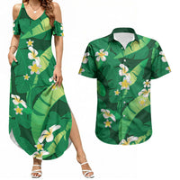 Green Banana Leaf Hawaii Couples Matching Summer Maxi Dress and Hawaiian Shirt Lau Maia Plumeria Tropical Summer Vibes LT14 Green - Polynesian Pride