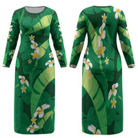 Green Banana Leaf Hawaii Family Matching Long Sleeve Bodycon Dress and Hawaiian Shirt Lau Maia Plumeria Tropical Summer Vibes LT14 Mom's Dress Green - Polynesian Pride