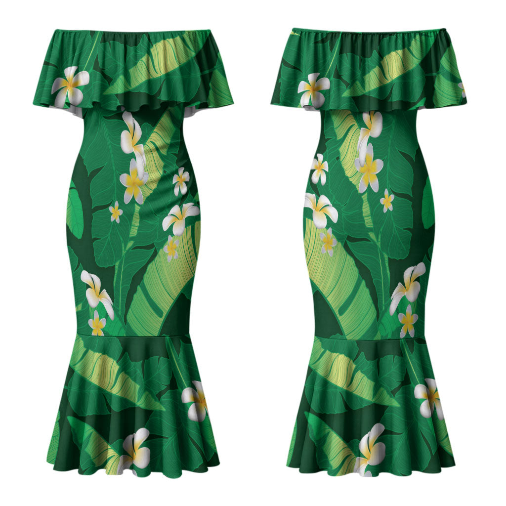 Green Banana Leaf Hawaii Family Matching Mermaid Dress and Hawaiian Shirt Lau Maia Plumeria Tropical Summer Vibes LT14 Mom's Dress Green - Polynesian Pride
