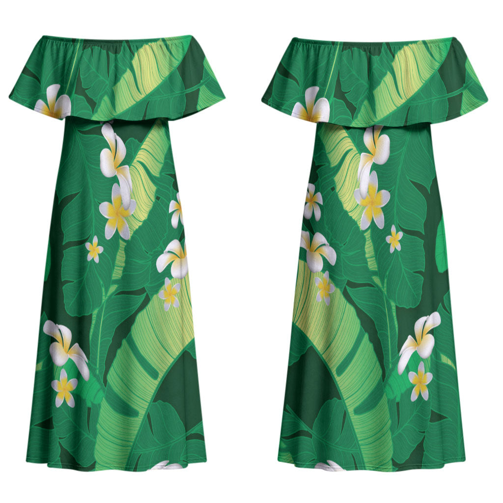 Green Banana Leaf Hawaii Family Matching Off Shoulder Maxi Dress and Hawaiian Shirt Lau Maia Plumeria Tropical Summer Vibes LT14 Mom's Dress Green - Polynesian Pride