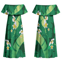 Green Banana Leaf Hawaii Family Matching Off Shoulder Maxi Dress and Hawaiian Shirt Lau Maia Plumeria Tropical Summer Vibes LT14 Mom's Dress Green - Polynesian Pride