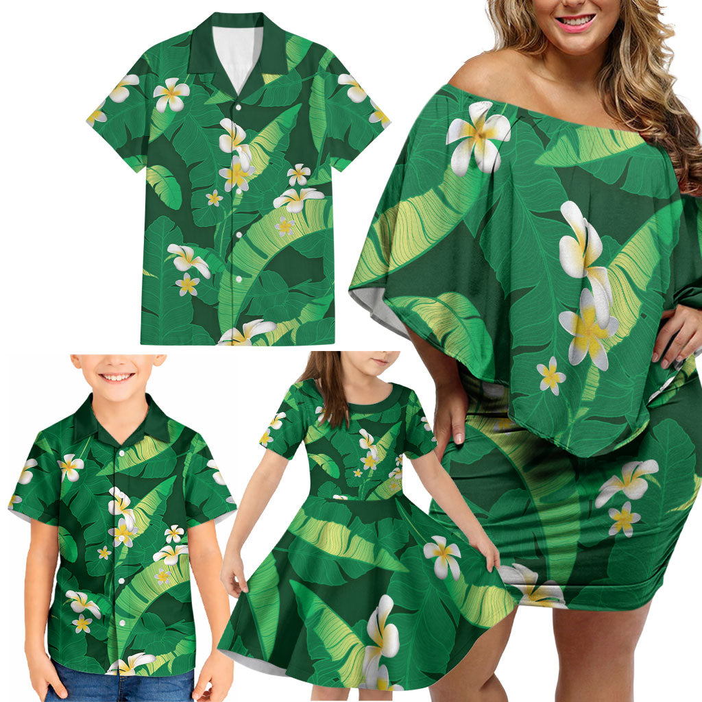 Green Banana Leaf Hawaii Family Matching Off Shoulder Short Dress and Hawaiian Shirt Lau Maia Plumeria Tropical Summer Vibes LT14 - Polynesian Pride