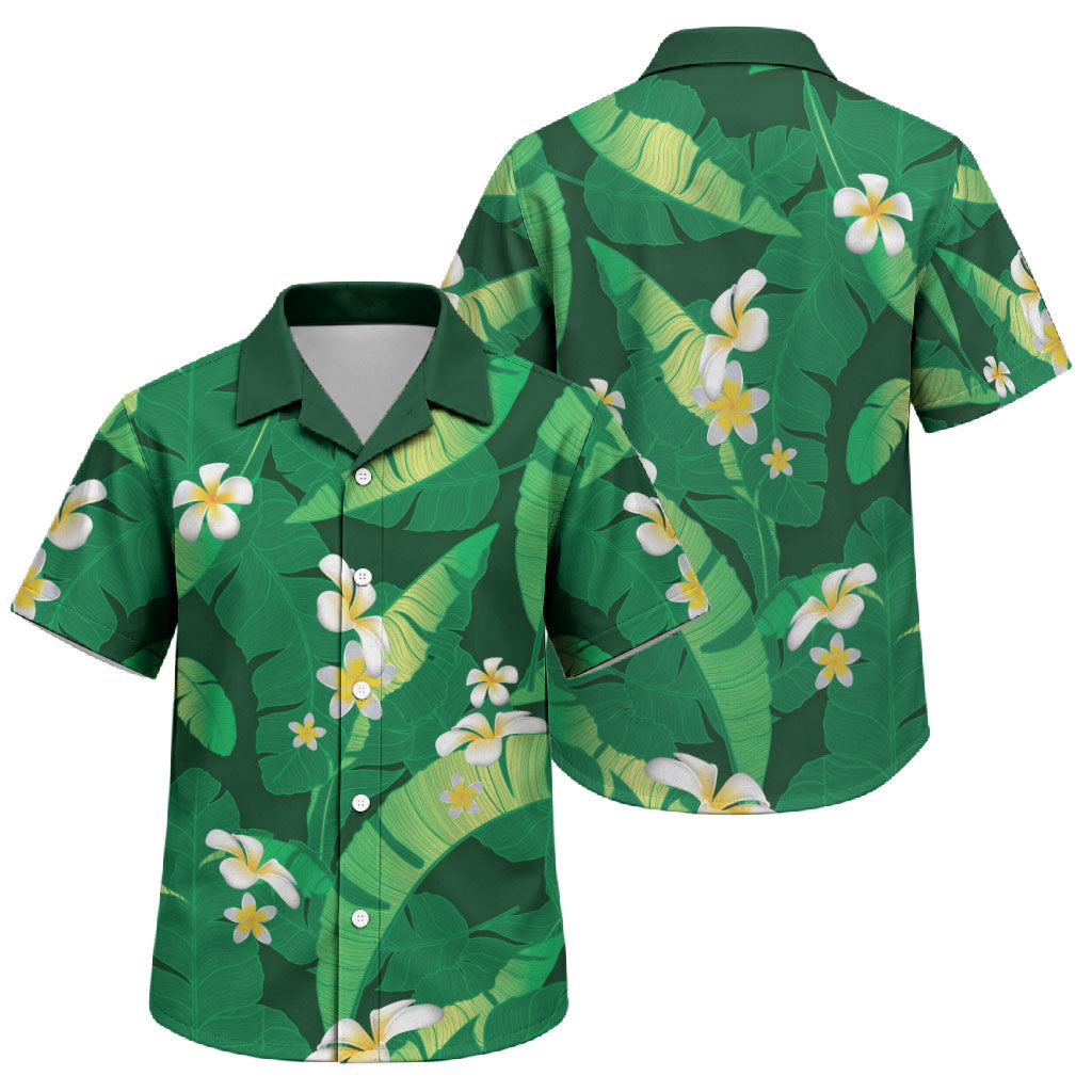 Green Banana Leaf Hawaii Family Matching Off Shoulder Short Dress and Hawaiian Shirt Lau Maia Plumeria Tropical Summer Vibes LT14 Son's Shirt Green - Polynesian Pride