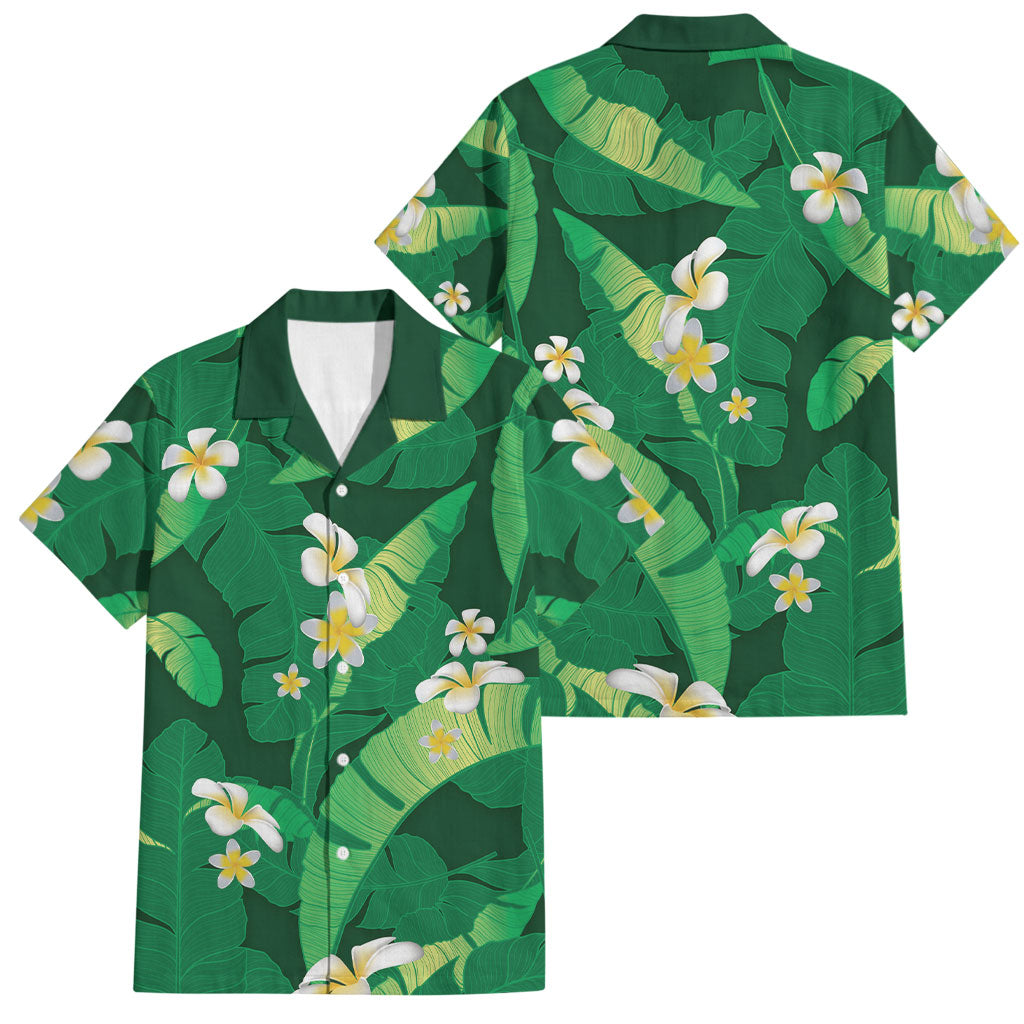 Green Banana Leaf Hawaii Family Matching Puletasi and Hawaiian Shirt Lau Maia Plumeria Tropical Summer Vibes LT14 Dad's Shirt - Short Sleeve Green - Polynesian Pride