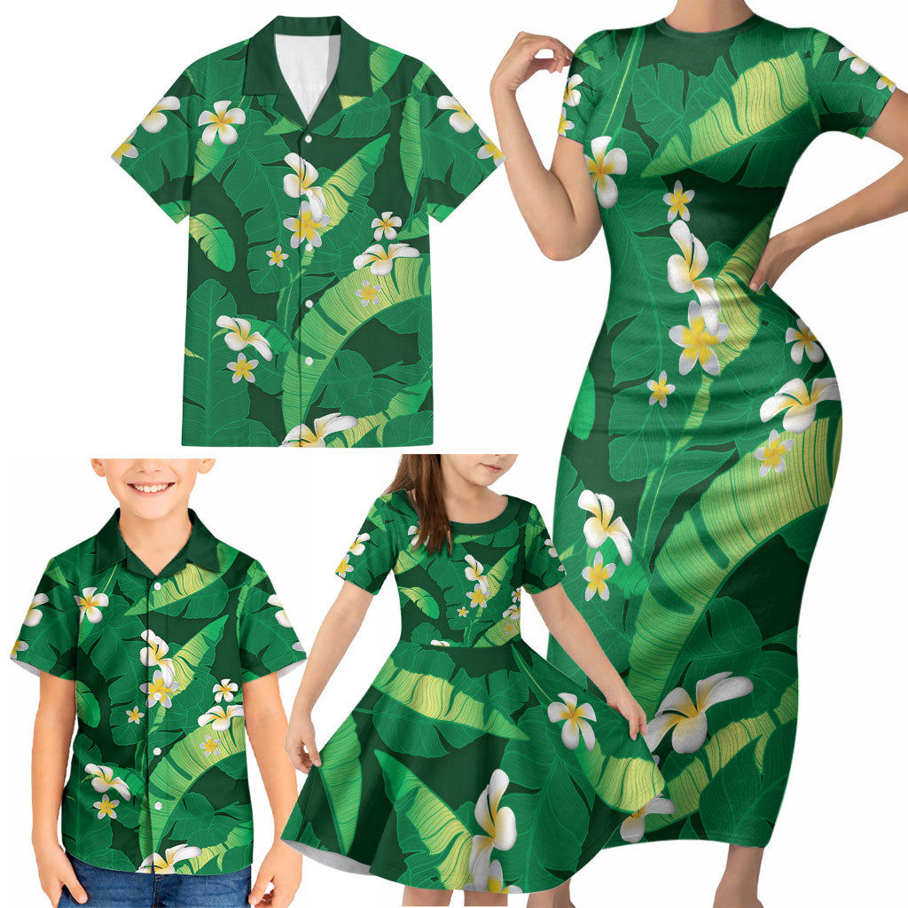 Green Banana Leaf Hawaii Family Matching Short Sleeve Bodycon Dress and Hawaiian Shirt Lau Maia Plumeria Tropical Summer Vibes LT14 - Polynesian Pride