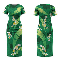 Green Banana Leaf Hawaii Family Matching Short Sleeve Bodycon Dress and Hawaiian Shirt Lau Maia Plumeria Tropical Summer Vibes LT14 Mom's Dress Green - Polynesian Pride
